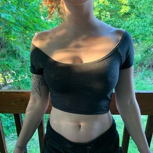 Off the shoulder grey shirt